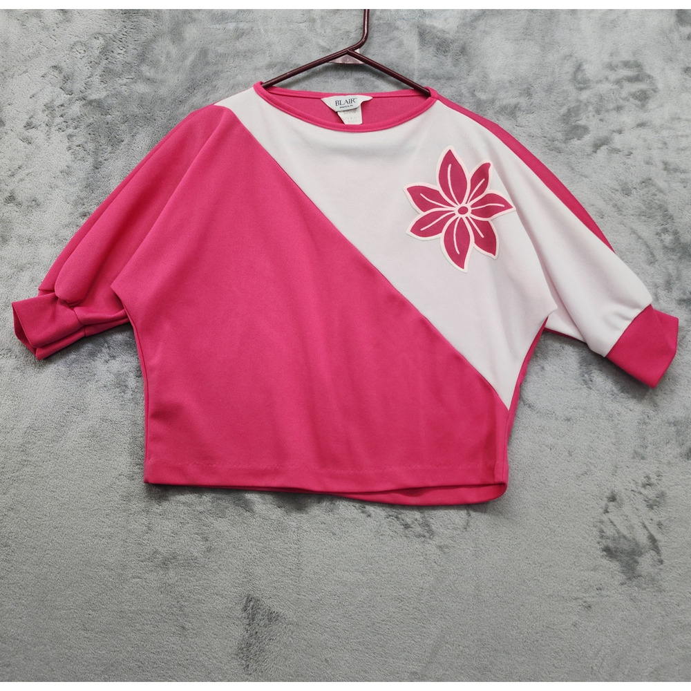 Vintage 80s BLAIR Top‎ Womens 10P PETITE Pink Diagonal Colorblock Flower Crop